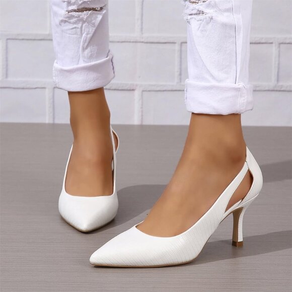 Women's White Faux Leather Pumps Pointed Closed Toe Kitten Heel Pump Shoes - Picture 2 of 4